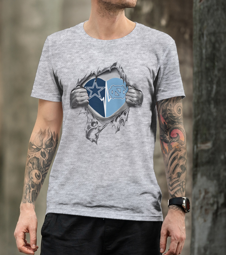 Cowboys Tar Heels Heart In My Chest With Iconic Dallas And Unc Logos T-Shirt