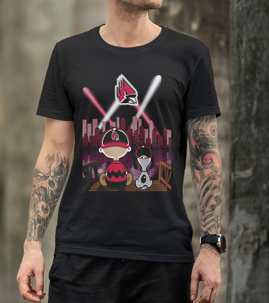 Ball State Cardinals City By Night Skyline Kids And Dog With Spotlight T-Shirt