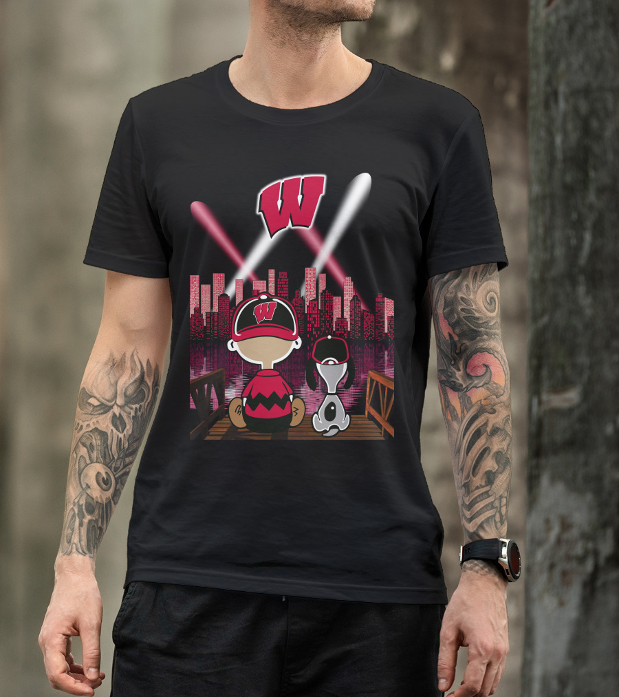 Wisconsin Badgers Night City Skyline With Cartoon Characters T-Shirt