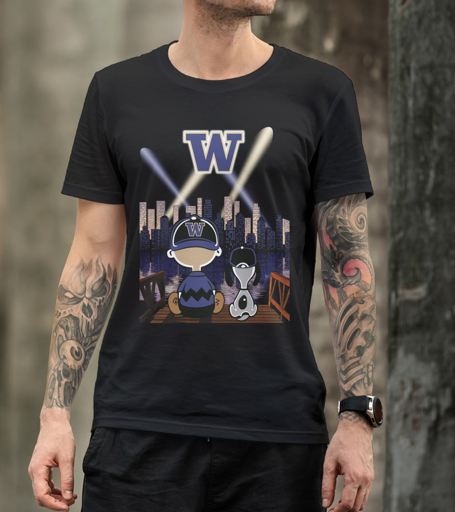 W Washington Huskies City Skyline At Night With Baseball Cap Characters T-Shirt