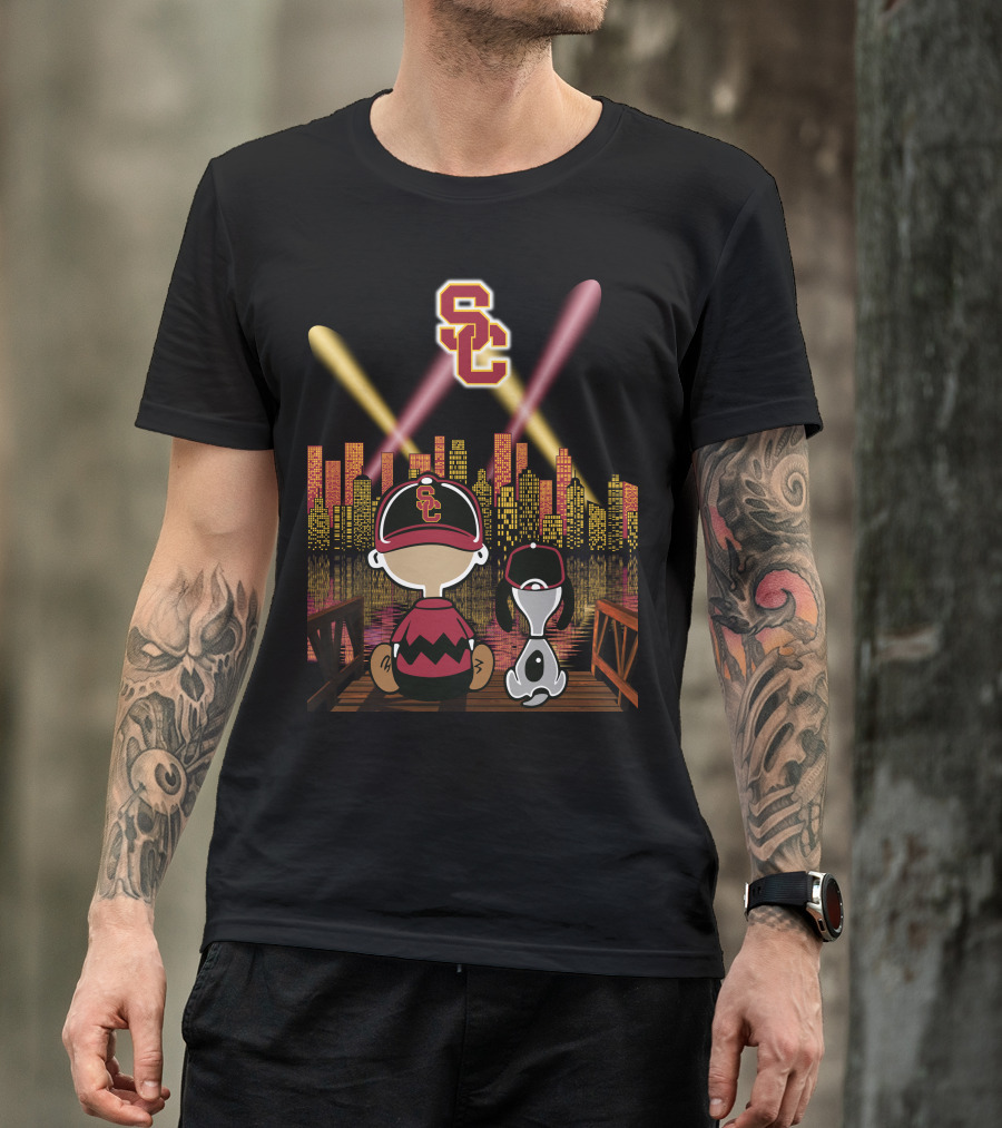 Usc Trojans Nighttime Cityscape With Cartoon Figures T-Shirt