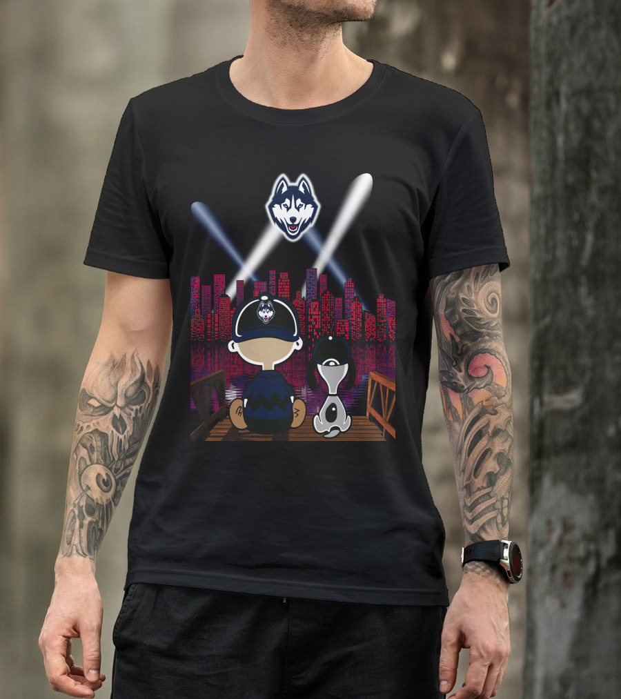 Uconn Huskies Skyline Night Lights With Cartoon Characters And Dog T-Shirt