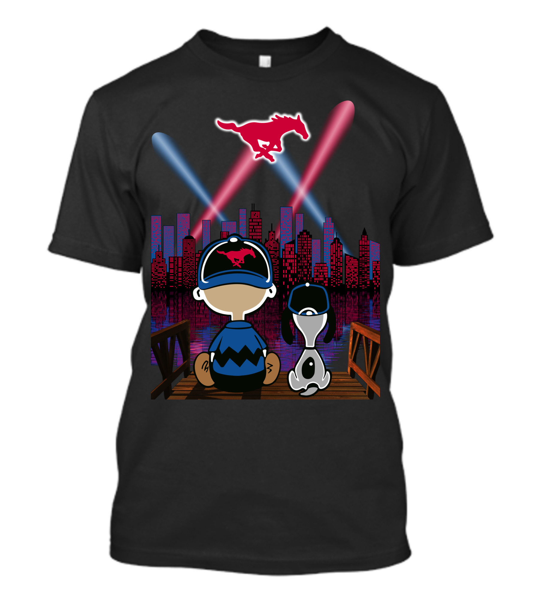 Smu Mustangs Snoopy And Friend City Skyline Night Scene T-Shirt