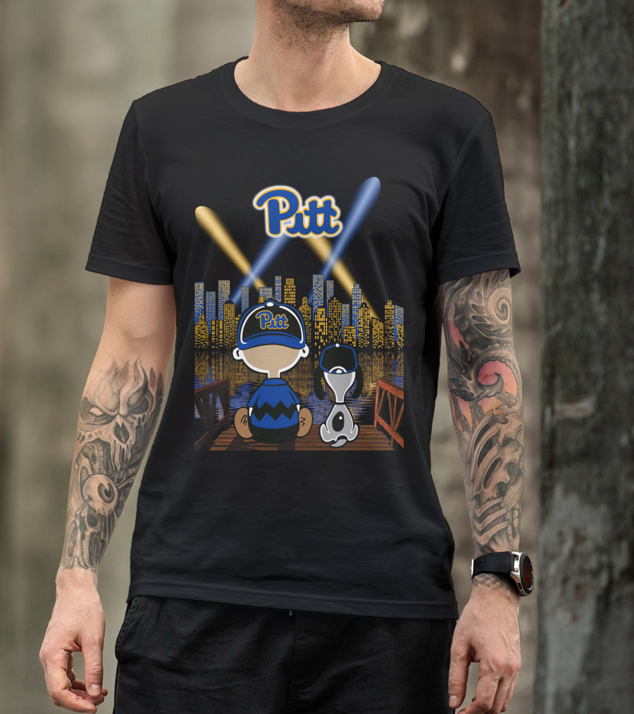 Pitt Panthers Nighttime Cityscape With Skyline And Characters T-Shirt