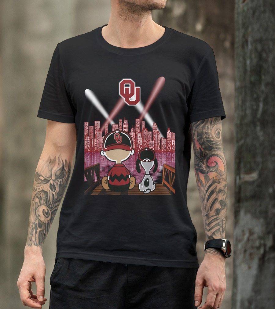 Ou Sooners Peanuts Characters With City Skyline At Night T-Shirt