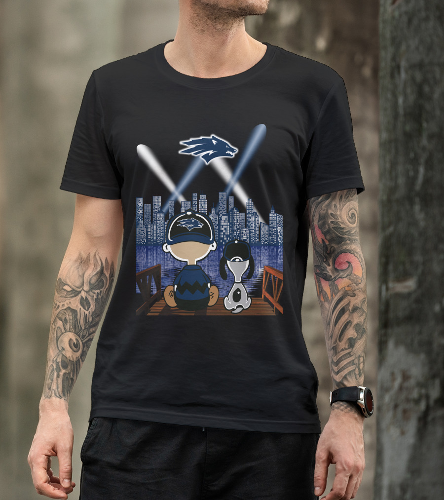 Nevada Wolf Pack Skyline At Night With Mascot And Cartoon Duo T-Shirt