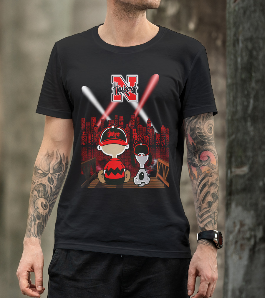 Huskers City By Night With N Logo And Iconic Cartoon Characters On A Bridge T-Shirt