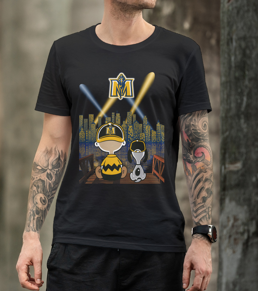 Murray State Racers City Night Skyline With Mascot And Cartoon Characters T-Shirt