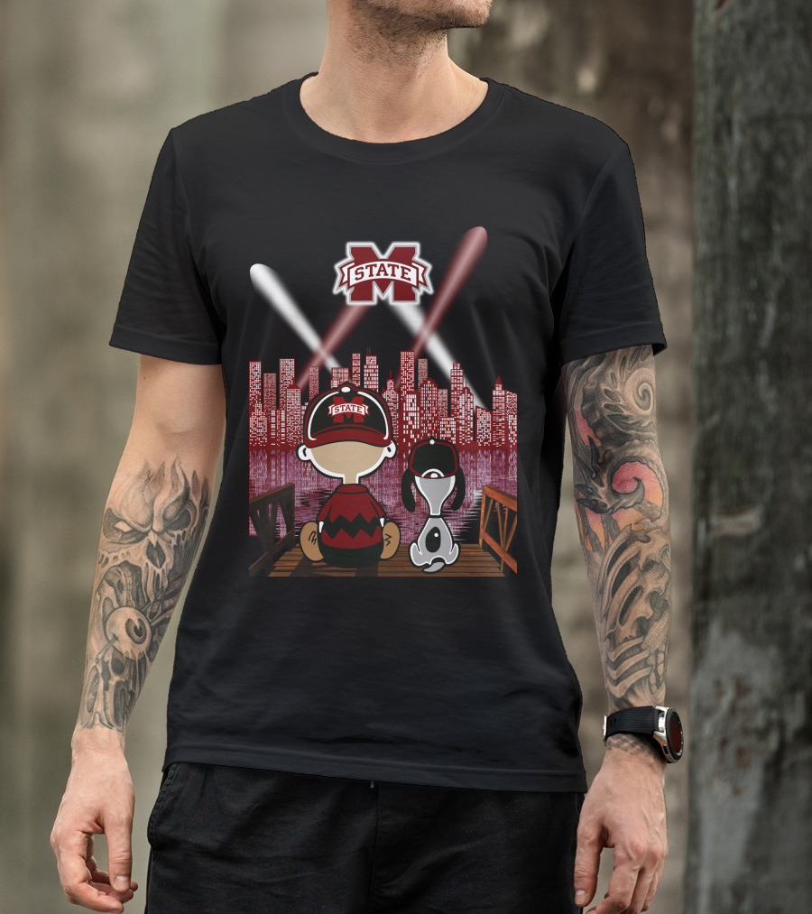 Mississippi State Bulldogs City Night Skyline With Baseball Fans And Iconic Mascot T-Shirt