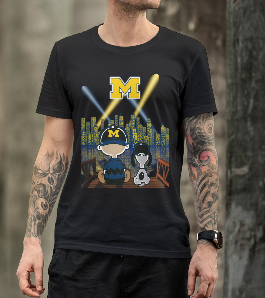 M Michigan Wolverines City By Night Skyline And Characters T-Shirt