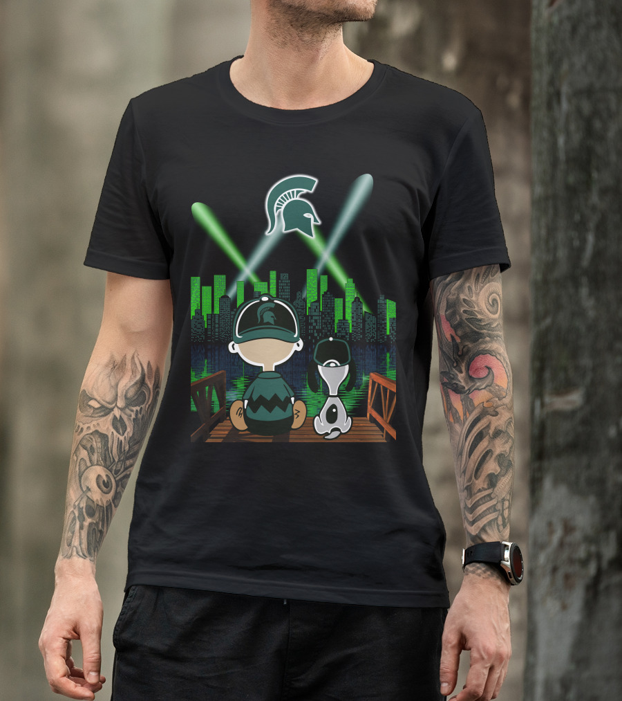 Michigan State Spartans Night City Skyline With Cartoon Characters And Spartan T-Shirt