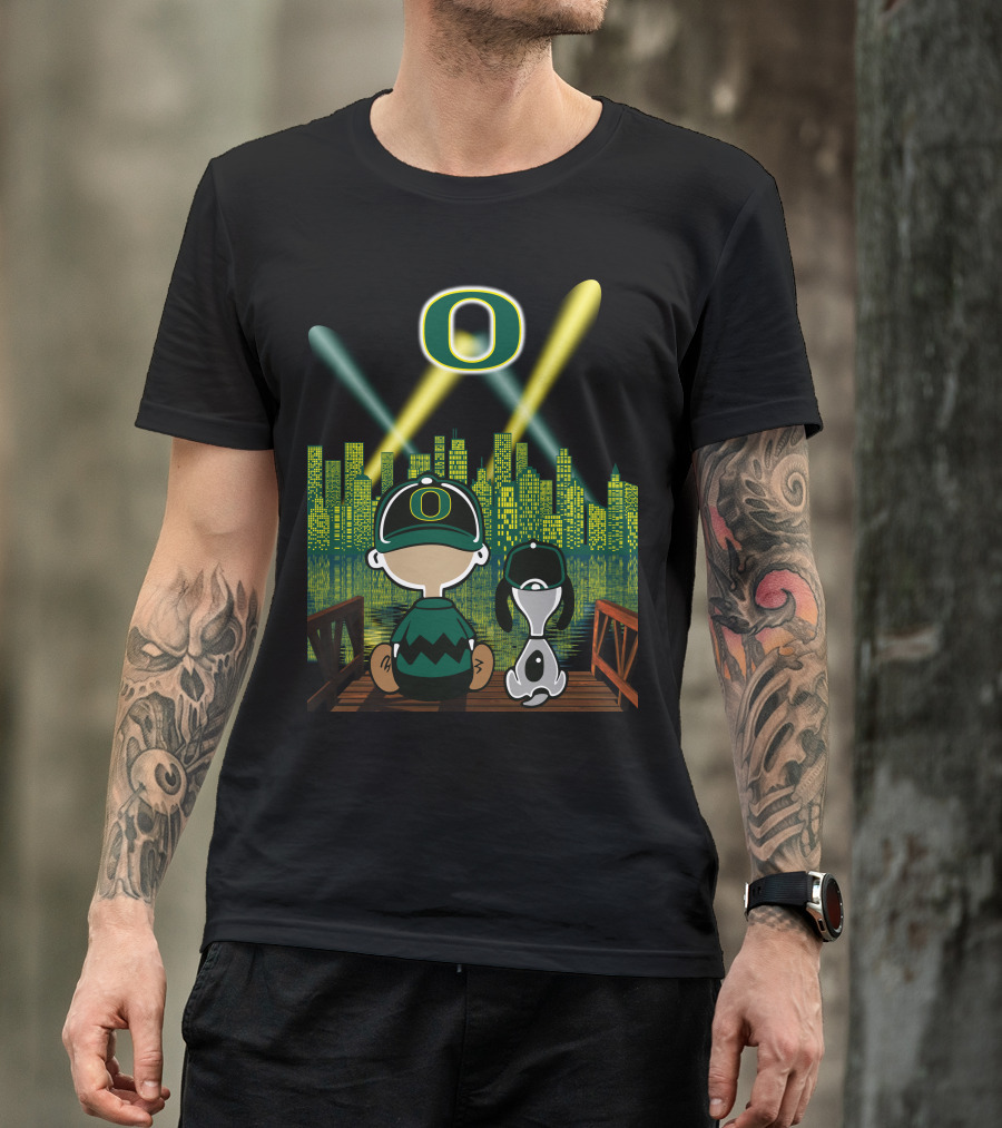 Oregon Ducks Nighttime Cityscape With Cartoon Characters And Stadium Lights T-Shirt