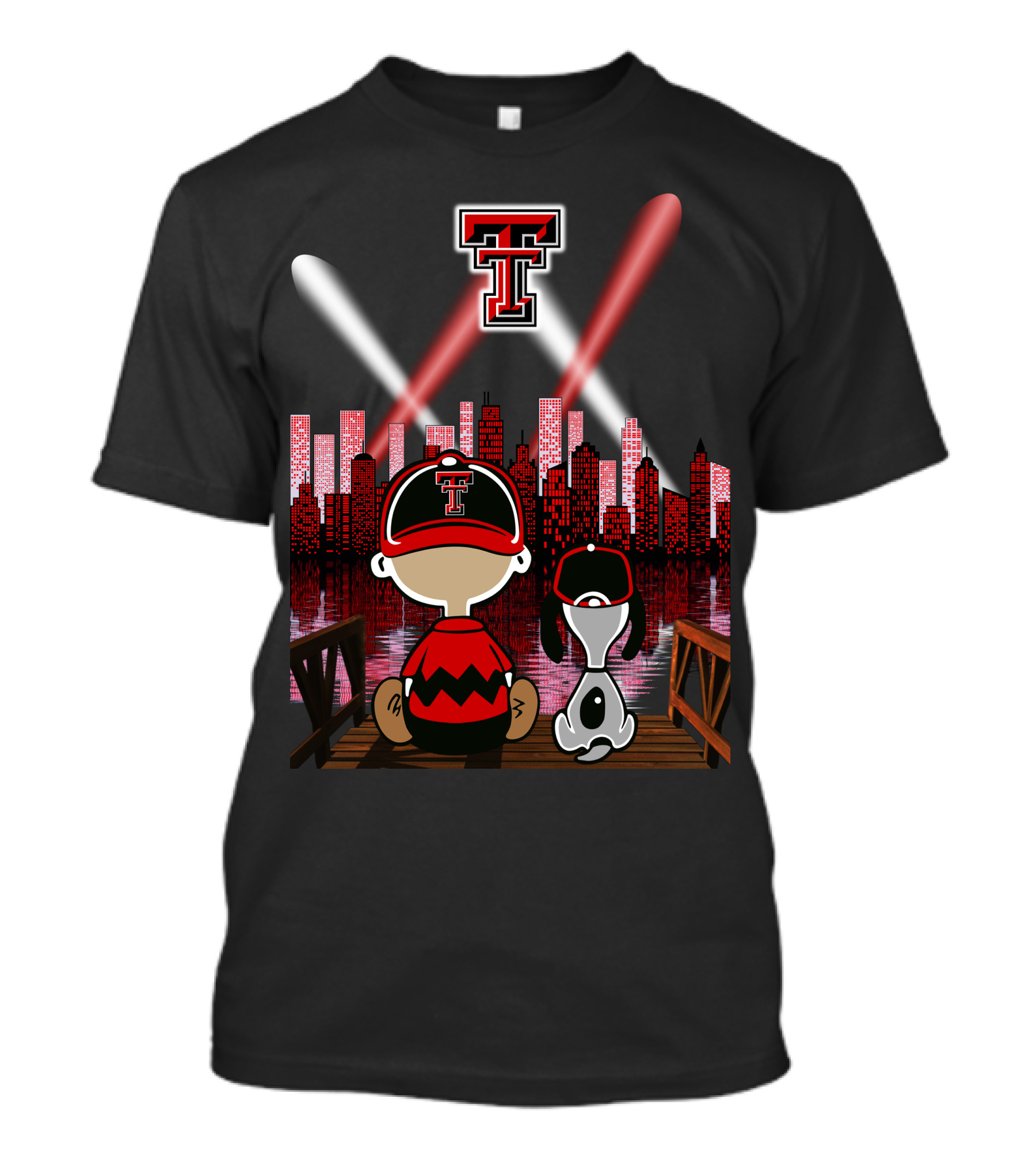 Texas Tech Red Raiders T Logo At Night With Character And Dog By City Skyline T-Shirt