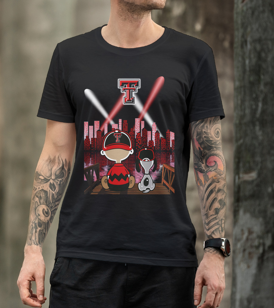 Texas Tech Red Raiders T Logo At Night With Character And Dog By City Skyline T-Shirt