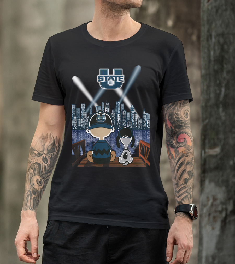 Utah State Aggies City Skyline At Night With Dog And Character T-Shirt