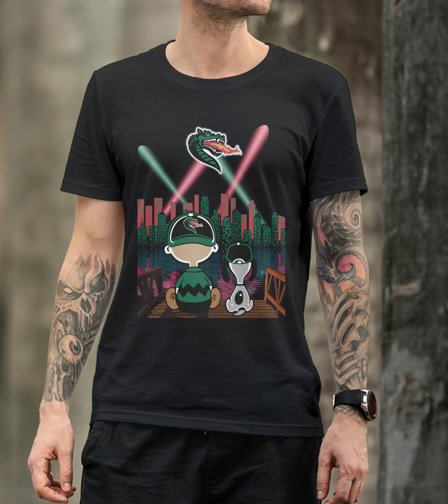 Uab Blazers Dragon Logo Over City Skyline With Cartoon Characters On Bridge At Night T-Shirt