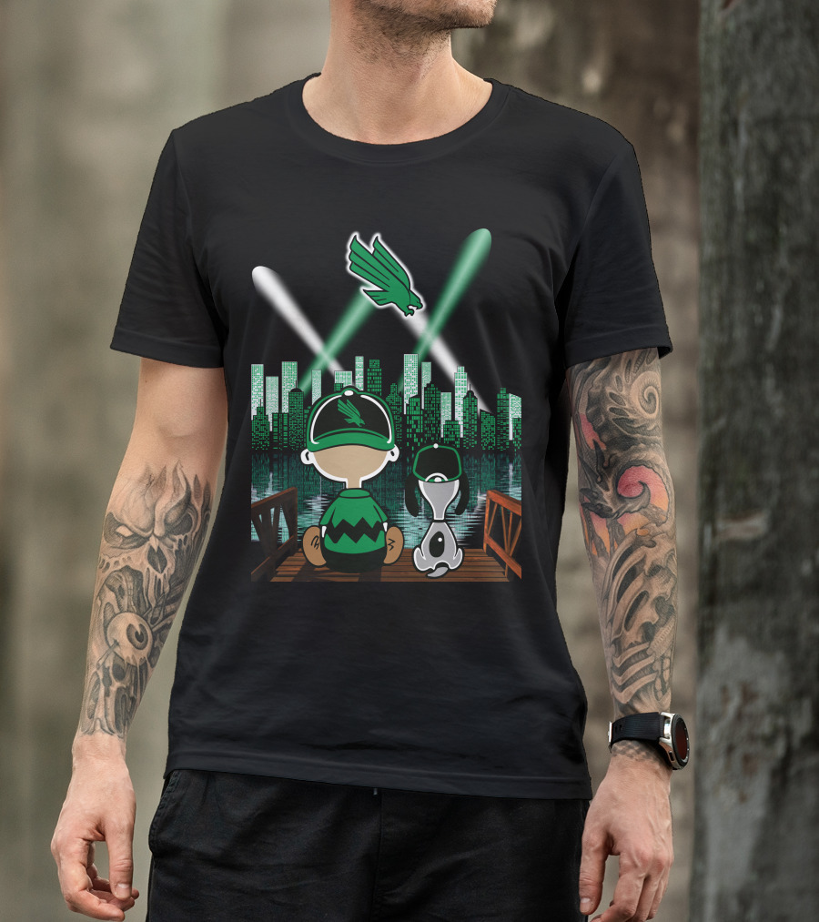North Texas Mean Green City By Night Skyline With Cartoon Characters And Flying Bird T-Shirt