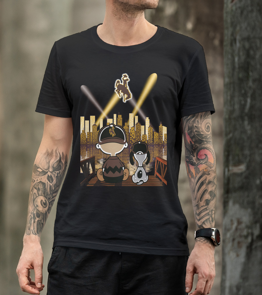 Wyoming Cowboys Skyline Spotlight Views With Cartoon Characters T-Shirt