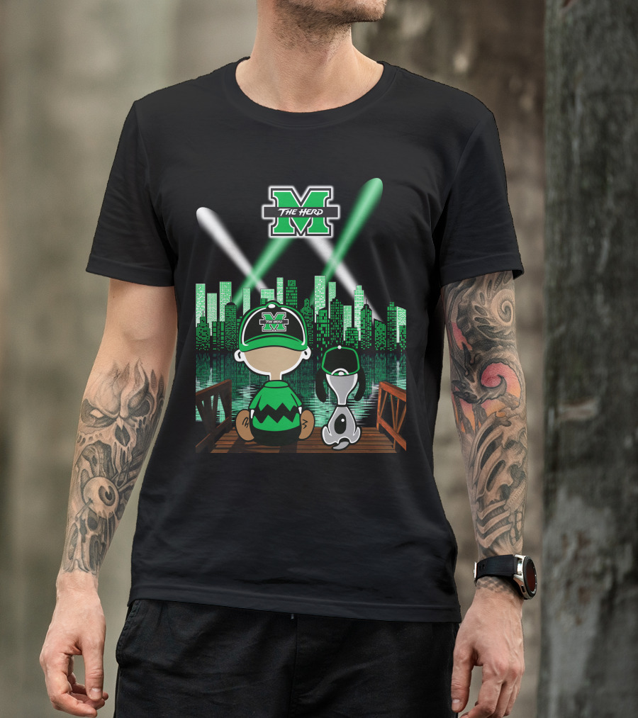 Marshall Thundering Herd Night Cityscape With Mascot And Dog On Bridge T-Shirt