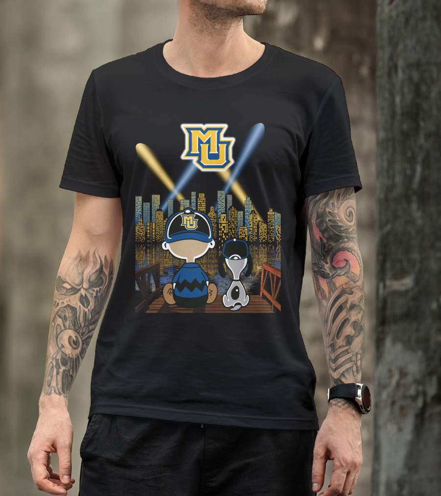Mu Marquette Golden Eagles Cityscape Night Skyline With Baseball Cap Duo T-Shirt