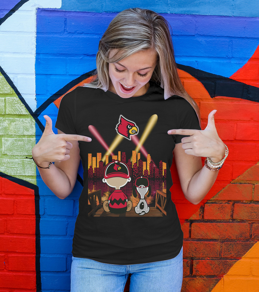 Louisville Cardinals City Lights With Characters Looking At Skyline T-Shirt