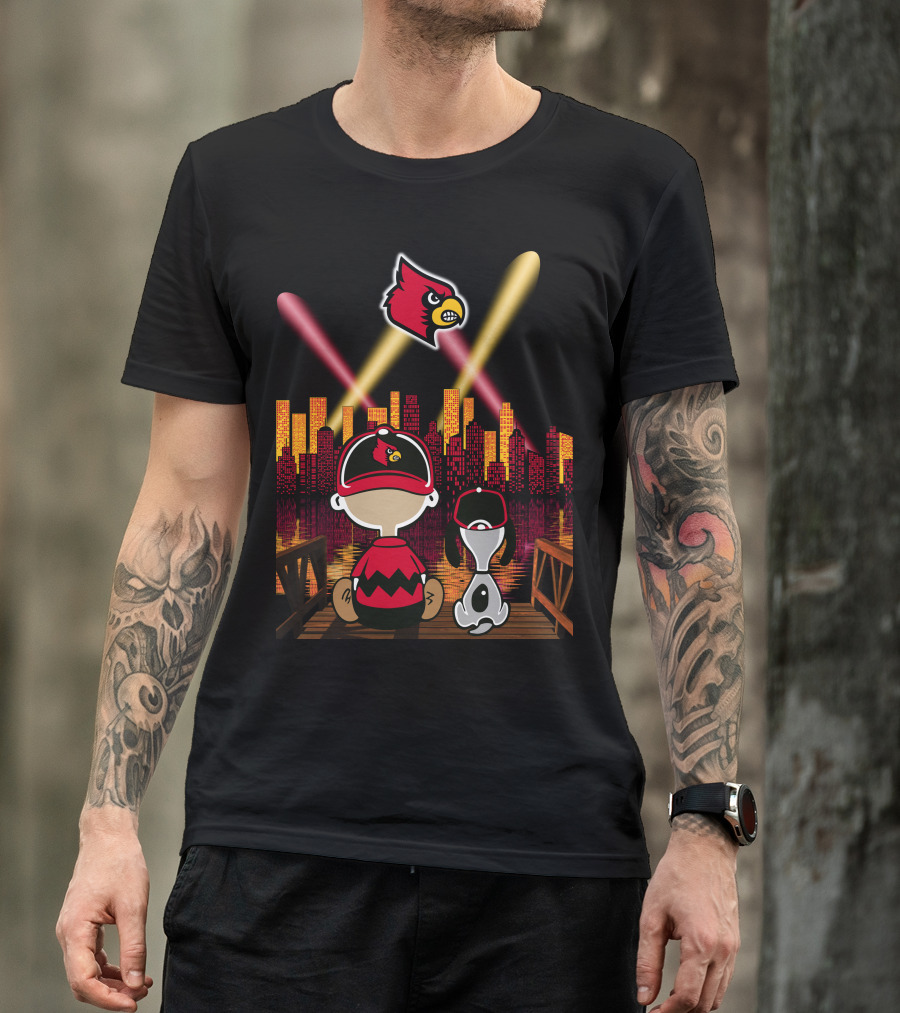 Louisville Cardinals City Lights With Characters Looking At Skyline T-Shirt