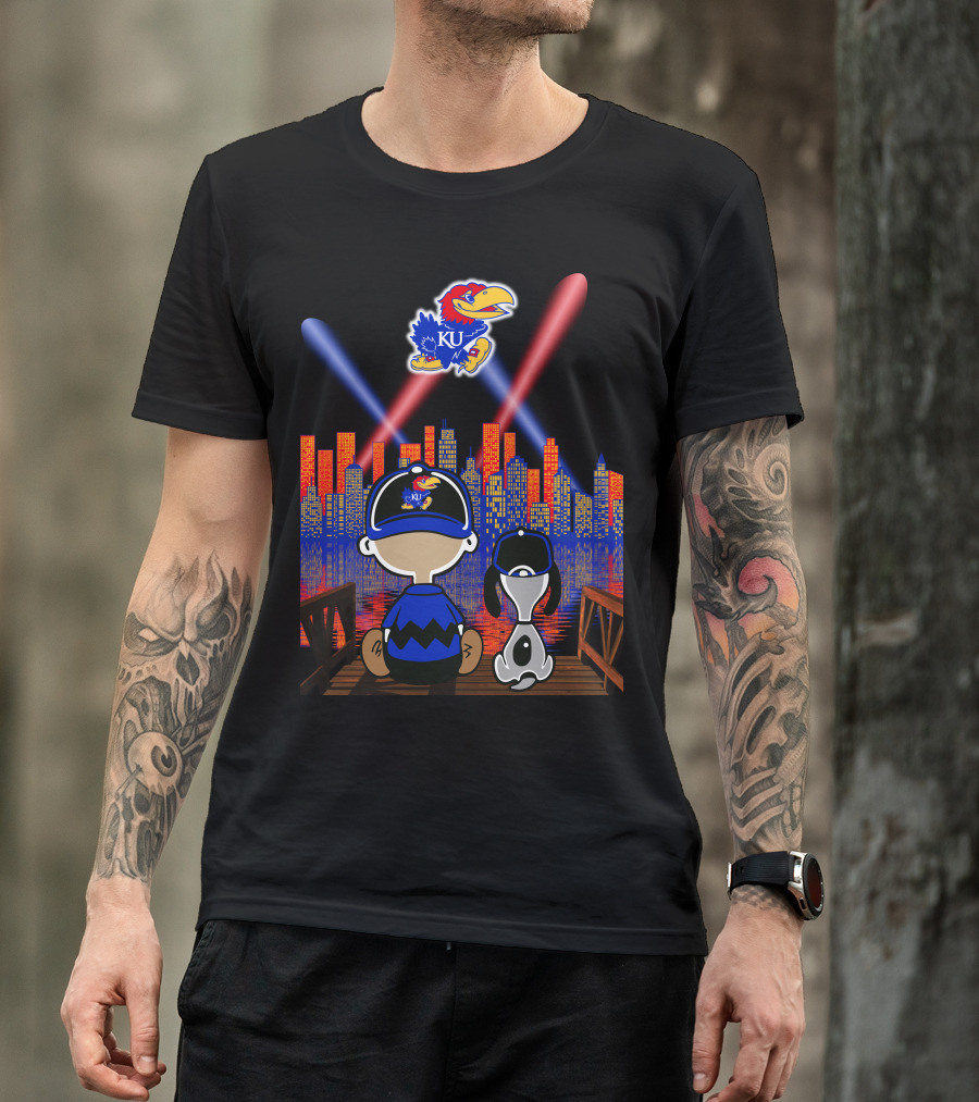 Kansas Jayhawks City Skyline Night Reflections With Mascot And Dog T-Shirt