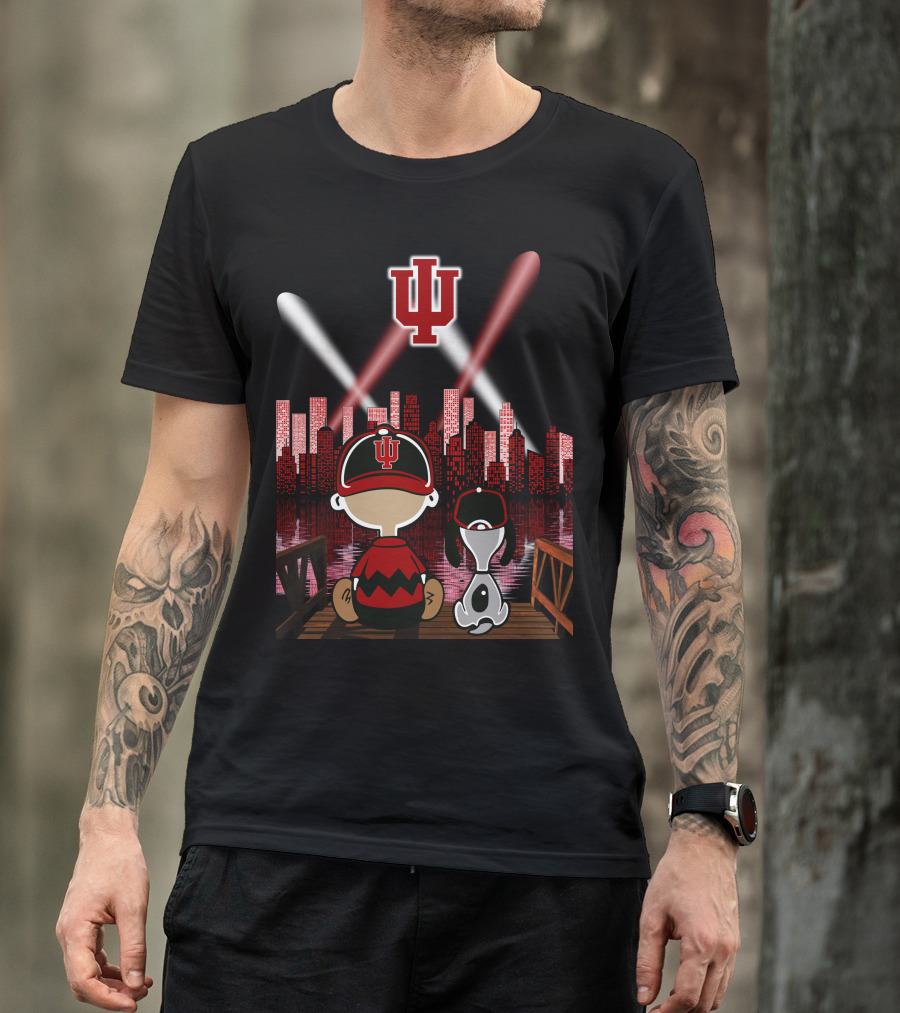 Indiana Hoosiers Nighttime City Skyline With Iconic Characters T-Shirt