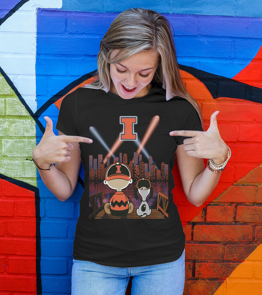 Illinois Fighting Illini Cityscape Nighttime Scene With Iconic Characters And Letter I T-Shirt
