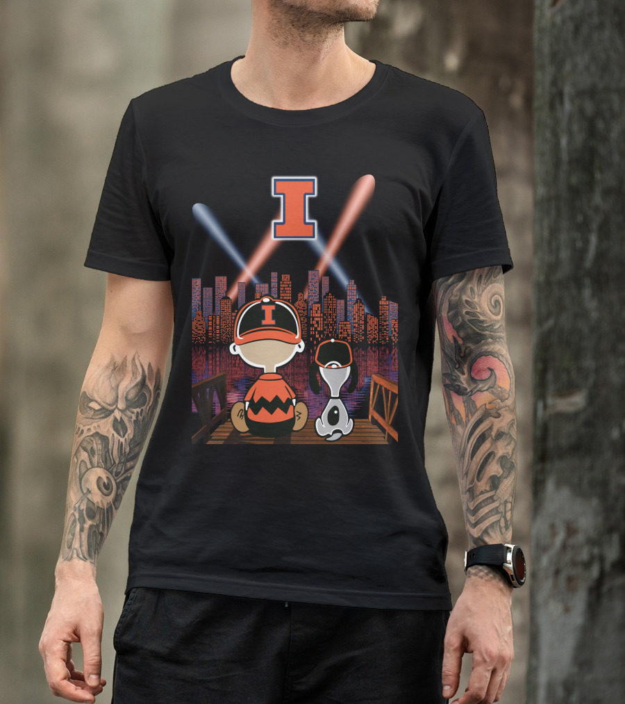 Illinois Fighting Illini Cityscape Nighttime Scene With Iconic Characters And Letter I T-Shirt