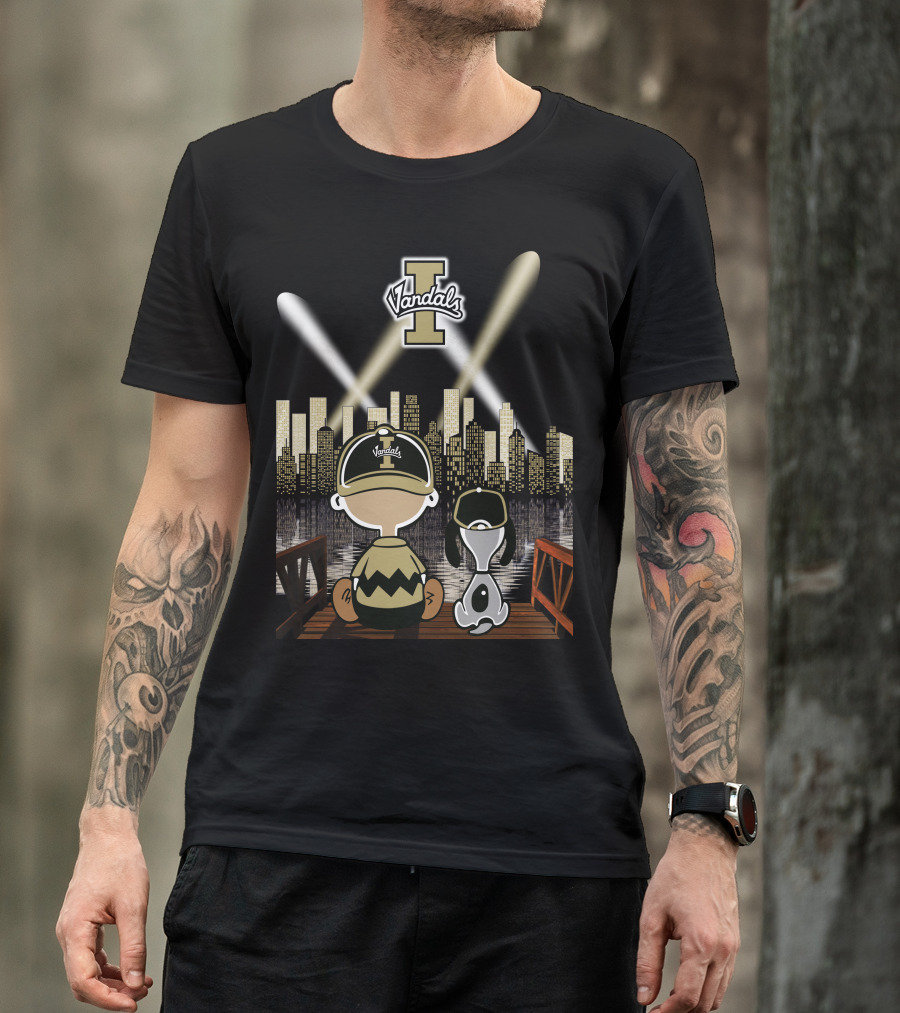 Vandals Idaho City Skyline At Night With Cartoon Characters T-Shirt