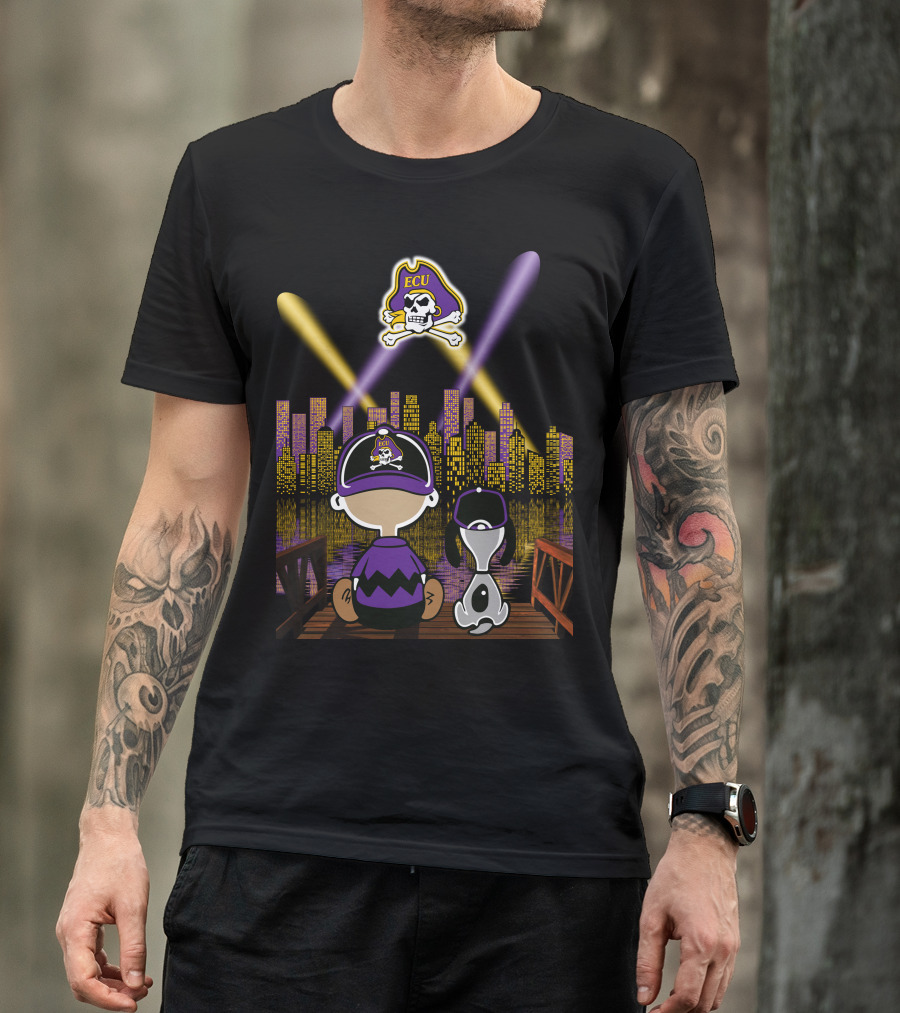 East Carolina Pirates Night Cityscape With Ecu Skull Logo And Characters T-Shirt