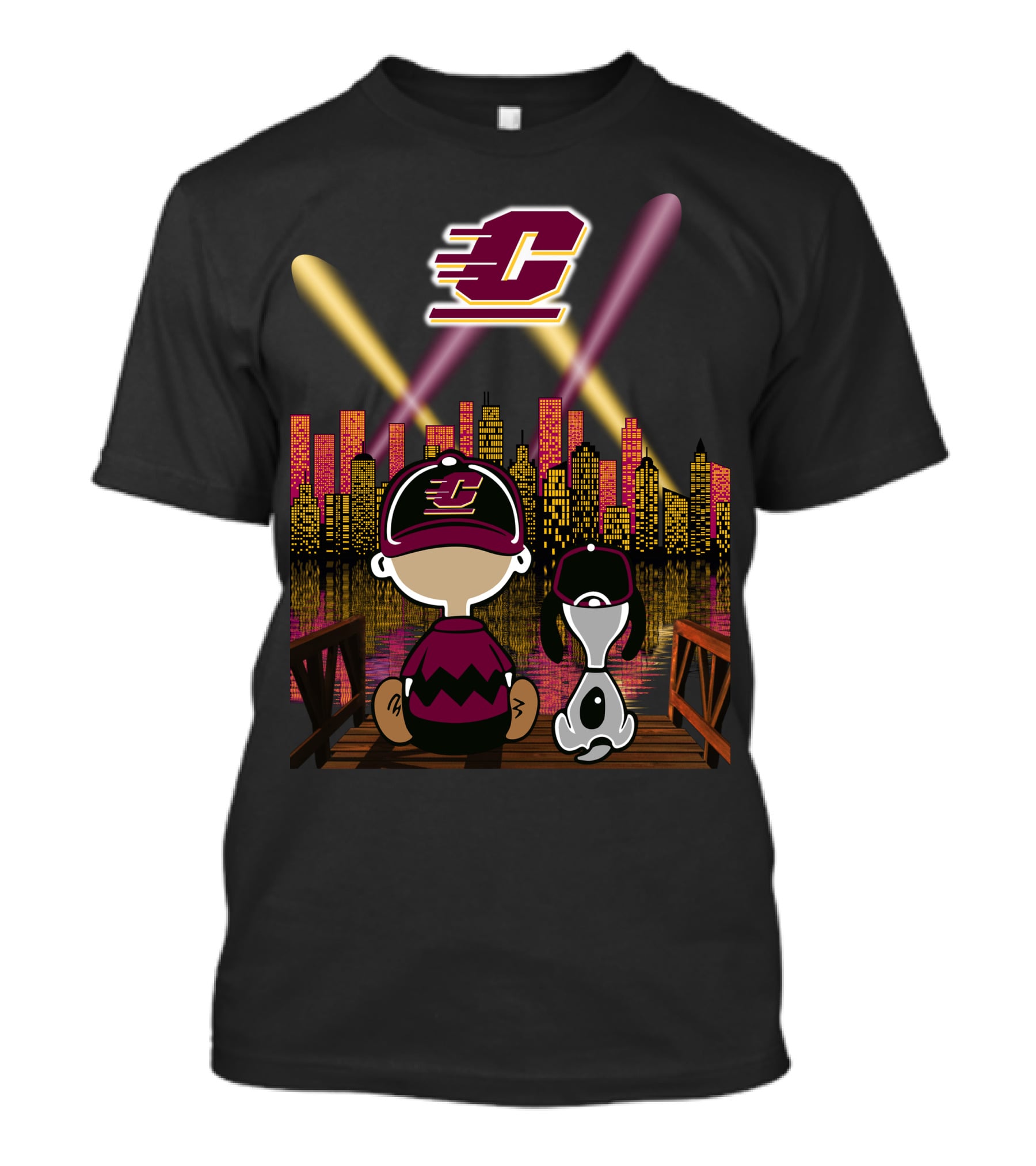 Central Michigan Chippewas 86 Peanuts City Night Skyline T-Shirt