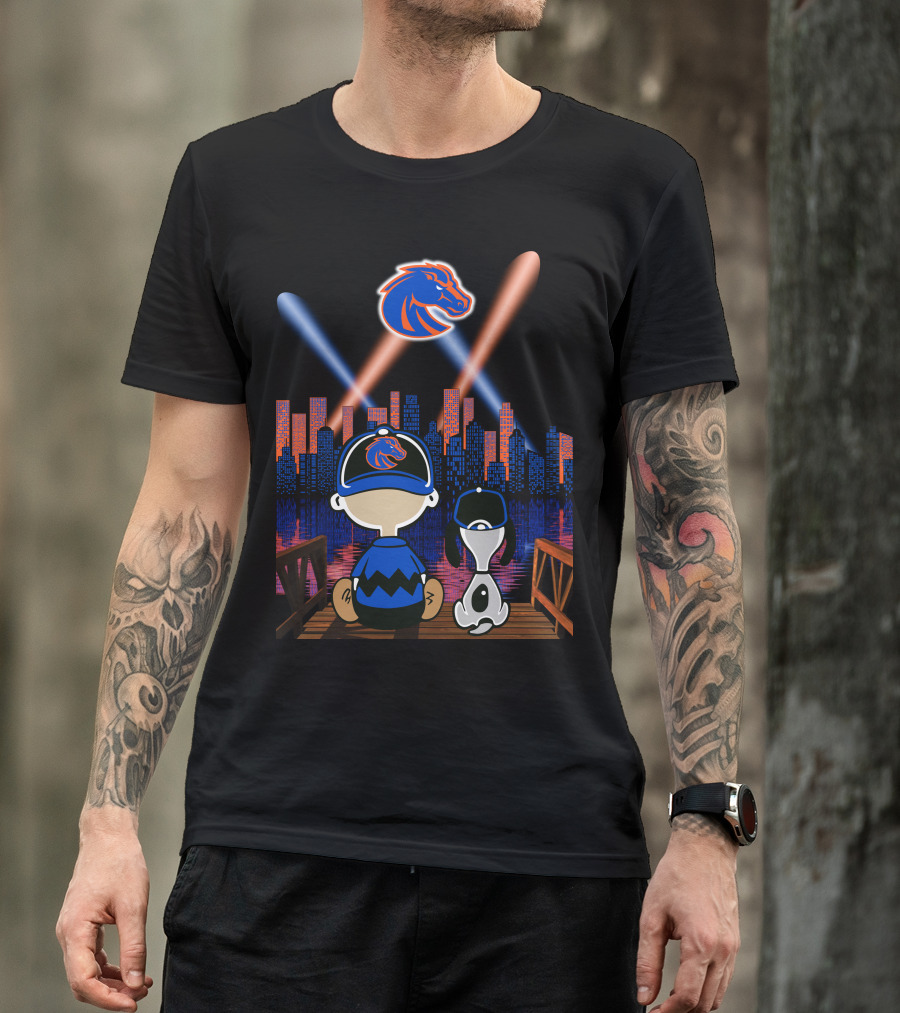 Boise State Broncos City Night Skyline With Cartoon Characters T-Shirt
