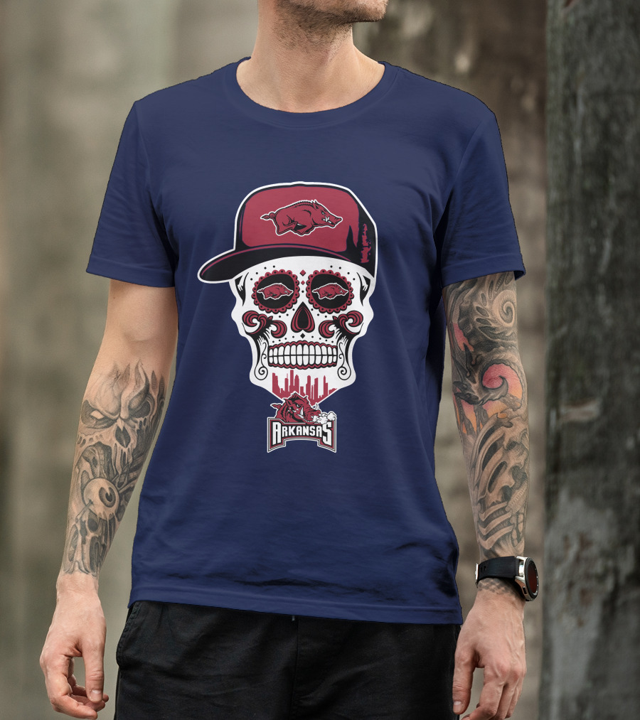 Arkansas Razorbacks Skull With Hat And Team T-Shirt
