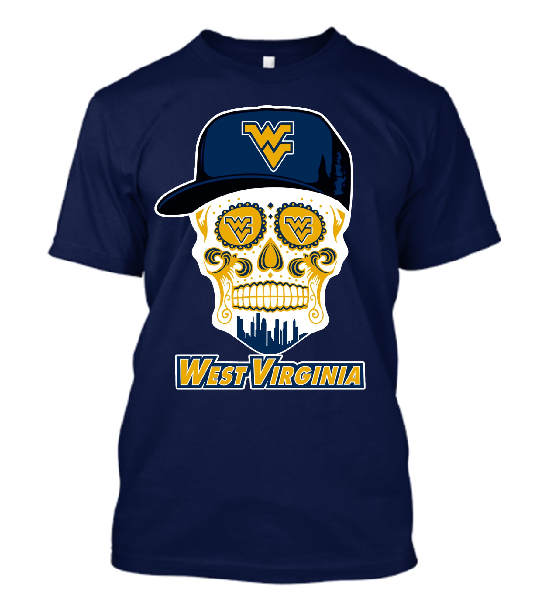 West Virginia Mountaineers Skull Design With Wv Cap And Skyline T-Shirt