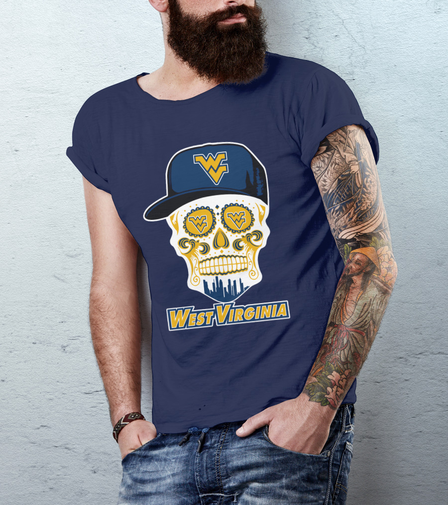 West Virginia Mountaineers Skull Design With Wv Cap And Skyline T-Shirt