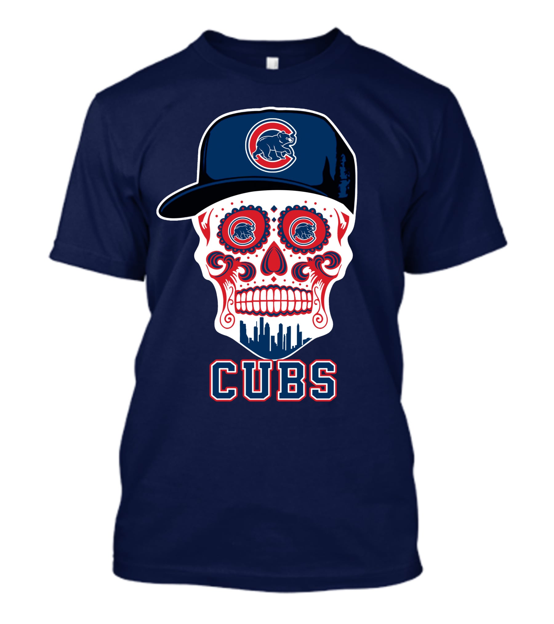 Chicago Cubs Skull With Cap Cityscape Fun T-Shirt