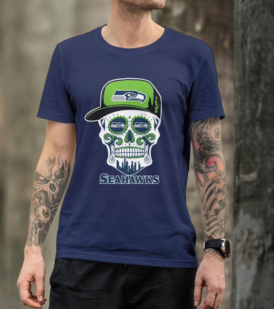 Seattle Seahawks Skull Art With Team Logo And Skyline T-Shirt