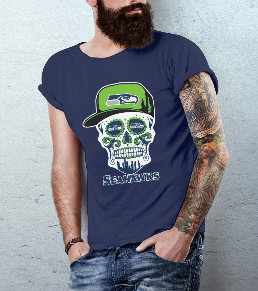 Seattle Seahawks Skull Art With Team Logo And Skyline T-Shirt