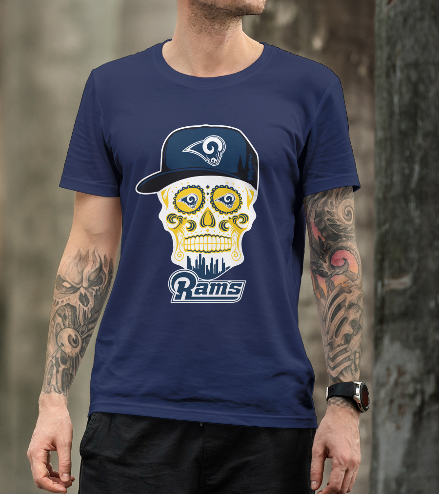 Los Angeles Rams Skull Iconic Rams Logo In Cap Funny T-Shirt
