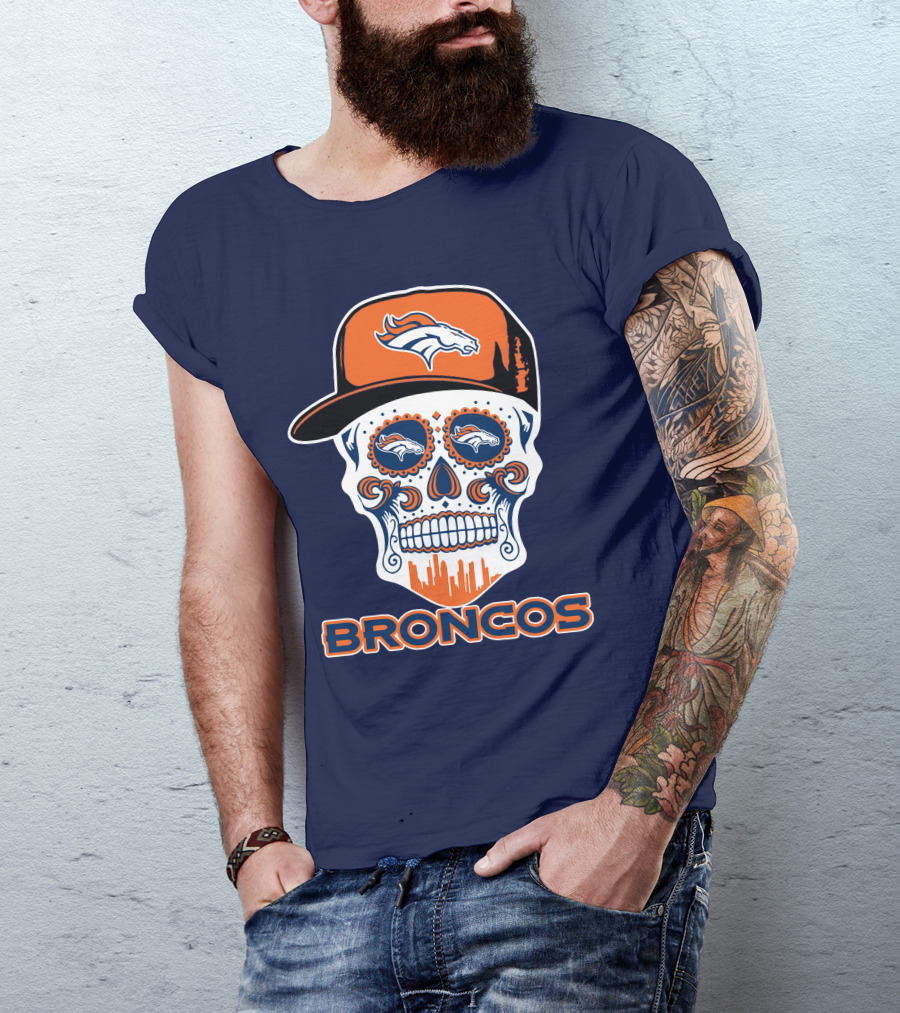 Denver Broncos Skull Funny Sugar Skull Face Cap T-Shirt