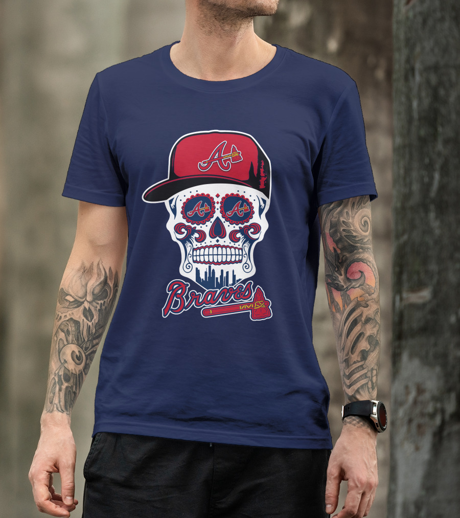 Atlanta Braves Skull With Baseball Cap And Tomahawk T-Shirt