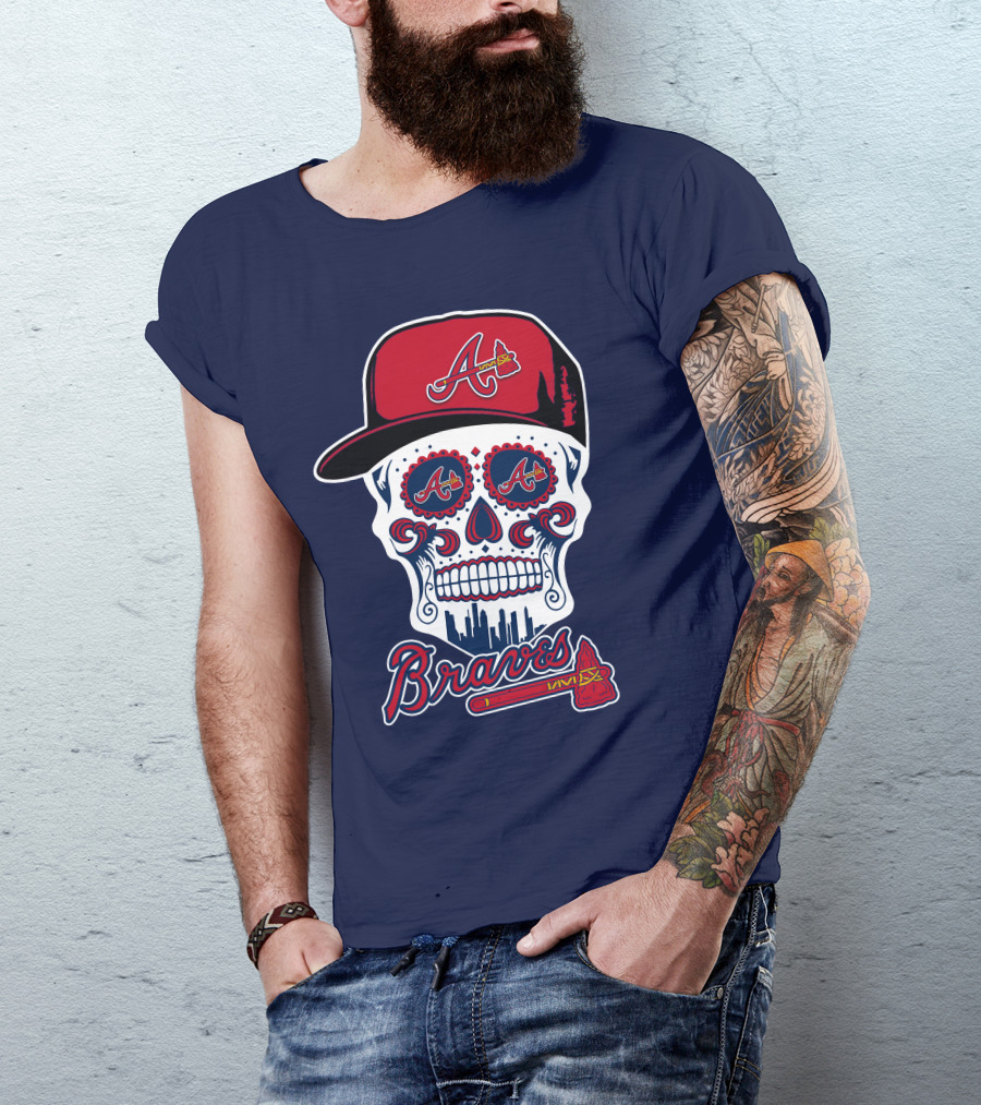 Atlanta Braves Skull With Baseball Cap And Tomahawk T-Shirt