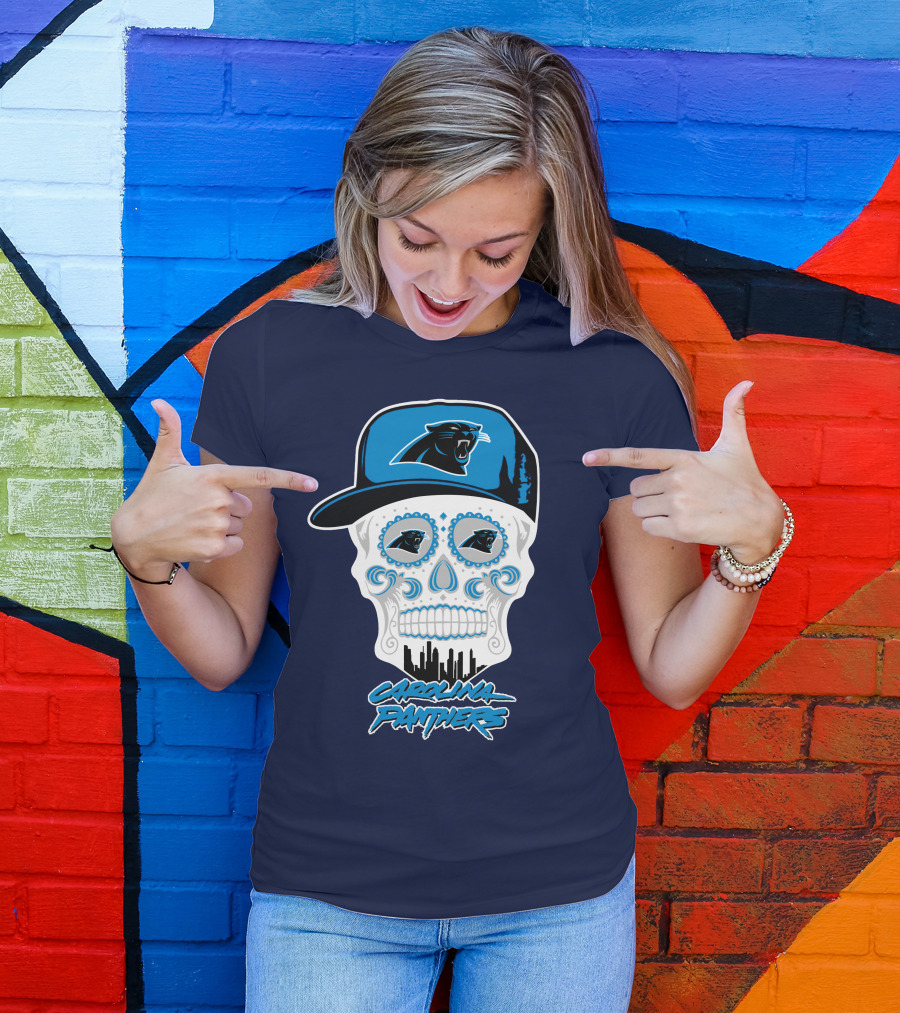 Carolina Panthers Skull Design With Panther Eyes And Cap T-Shirt