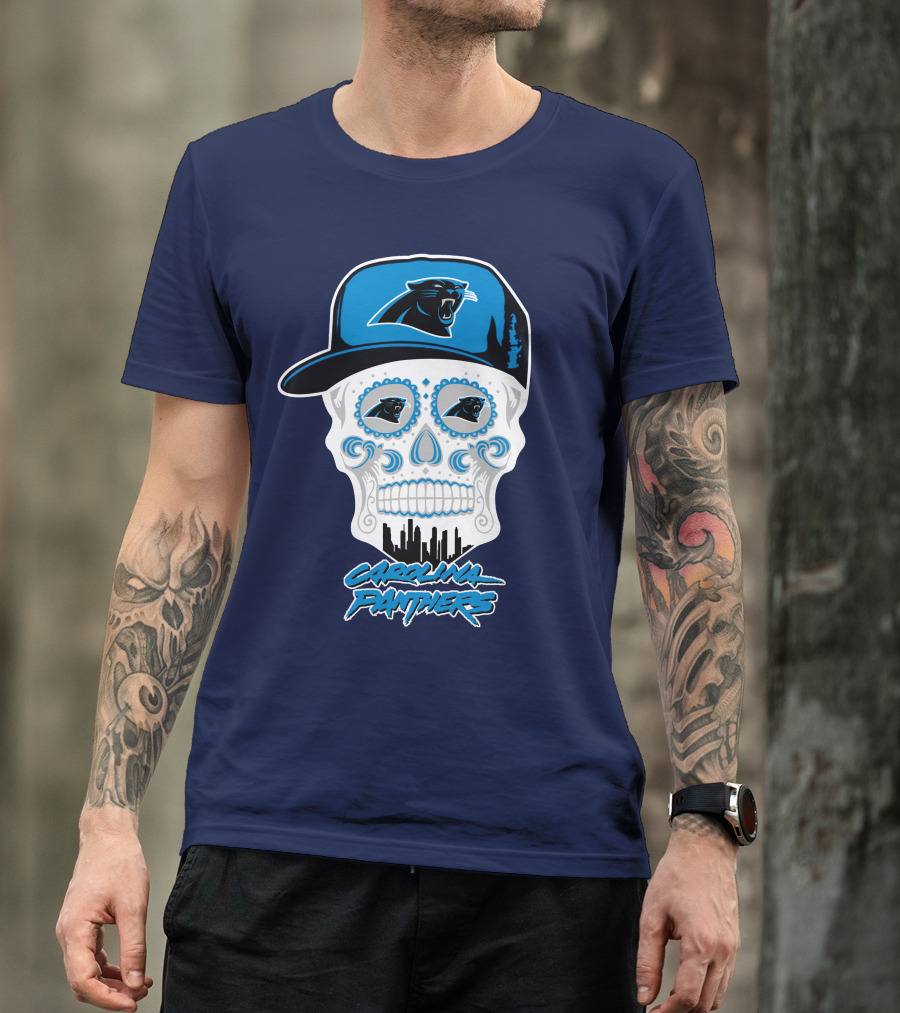 Carolina Panthers Skull Design With Panther Eyes And Cap T-Shirt