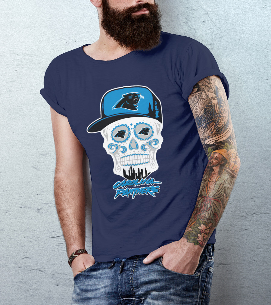 Carolina Panthers Skull Design With Panther Eyes And Cap T-Shirt