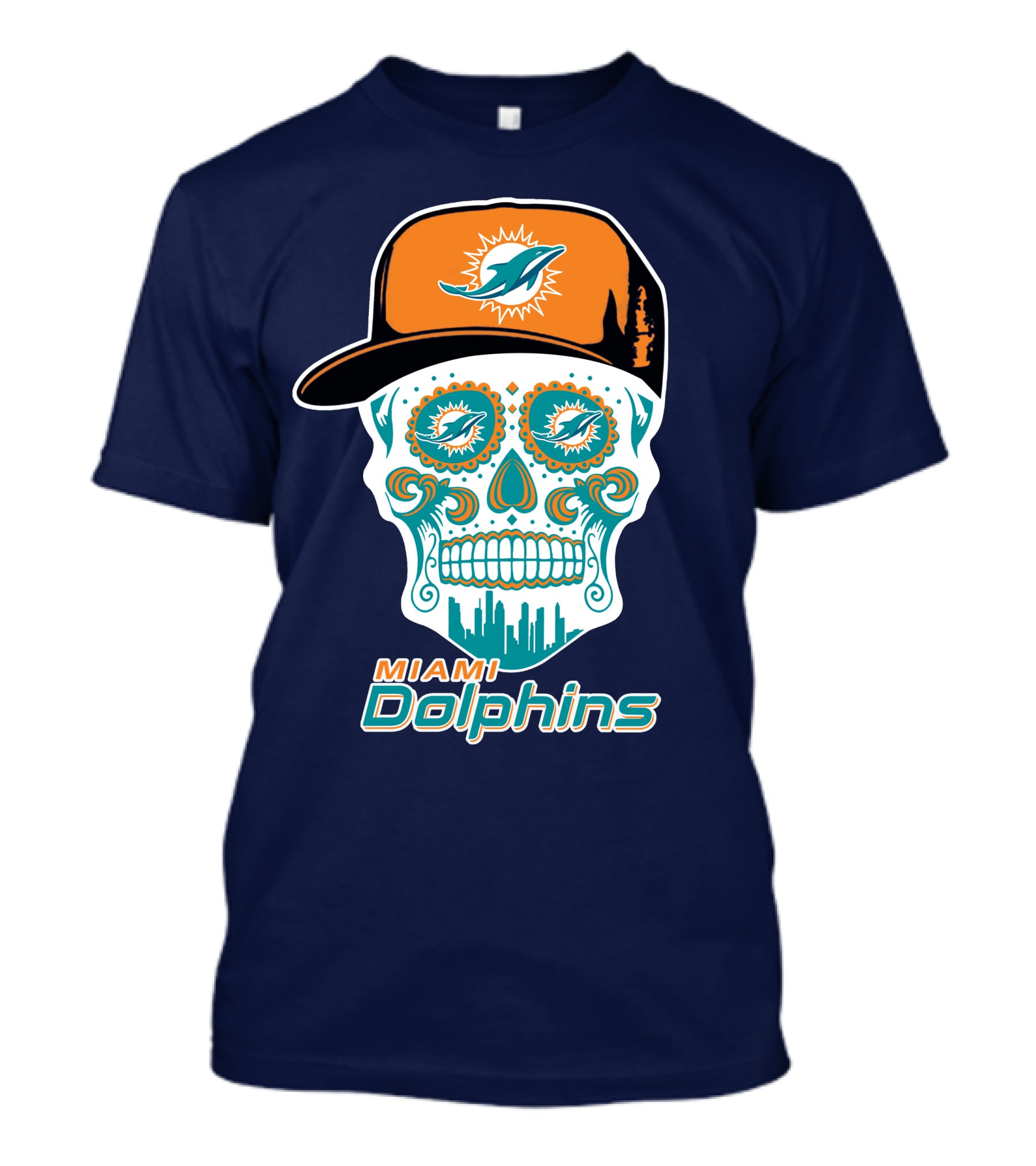 Miami Dolphins Sugar Skull Cap Art T-Shirt