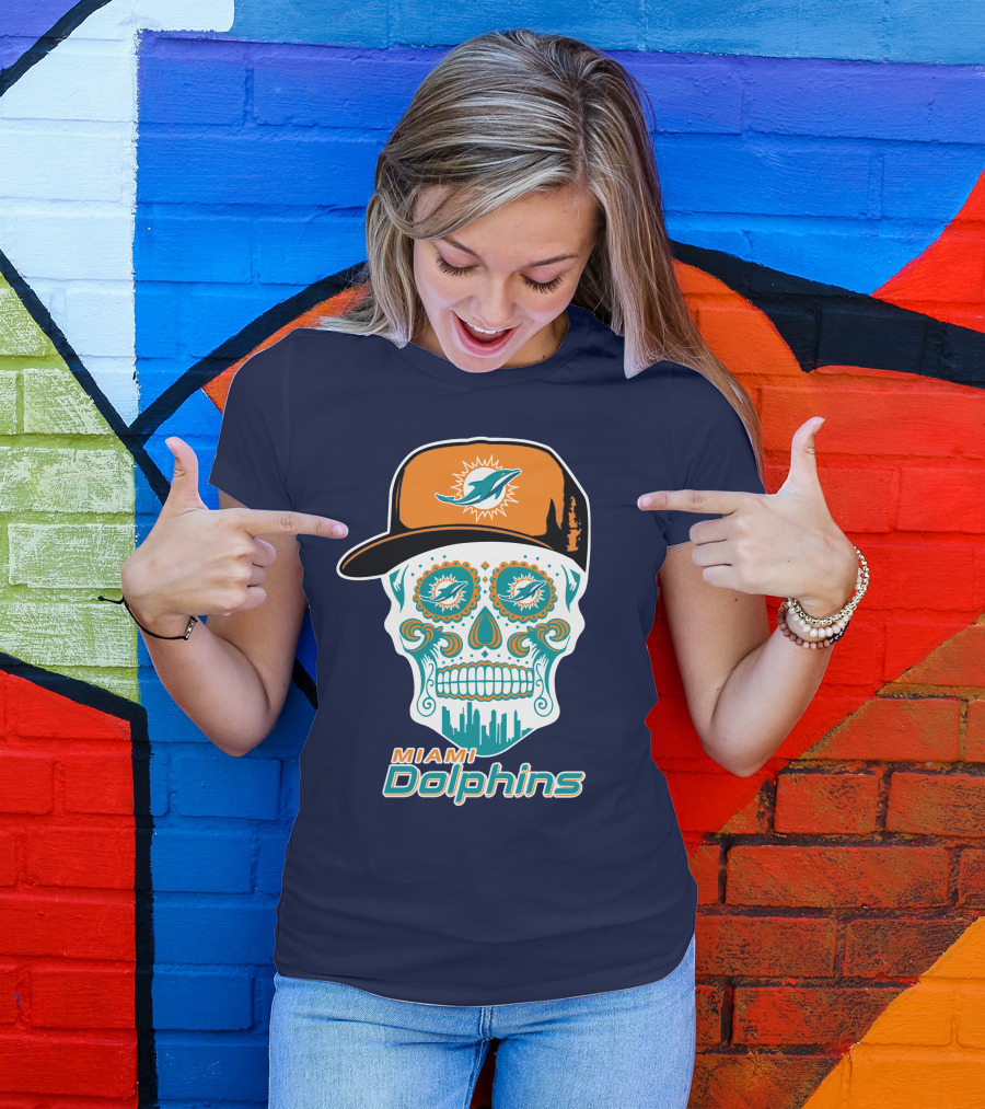 Miami Dolphins Sugar Skull Cap Art T-Shirt