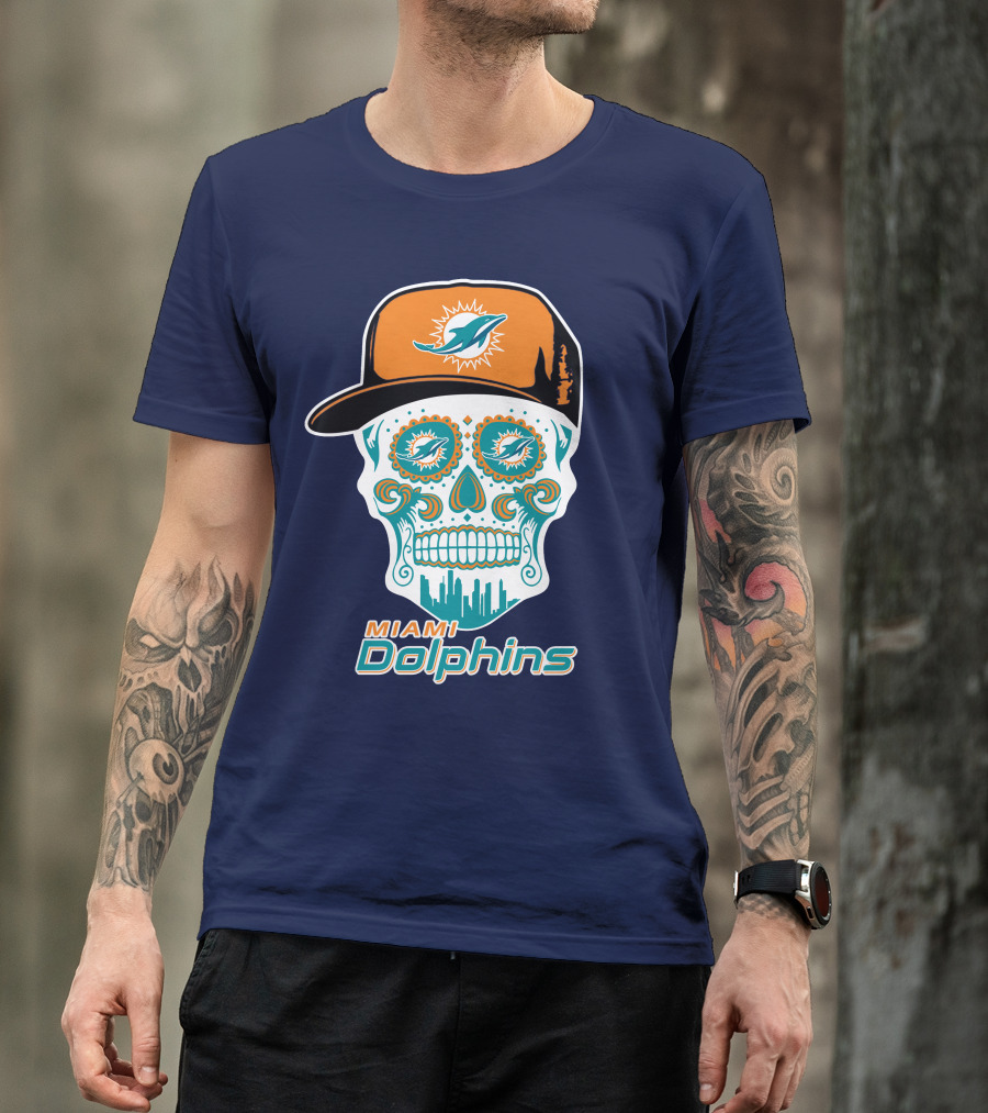 Miami Dolphins Sugar Skull Cap Art T-Shirt